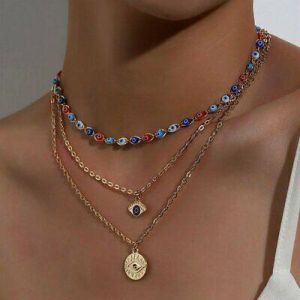 Lucky Turkish Evil Eye Beads Pendant Necklace Multi-layer Choker Women Jewellery