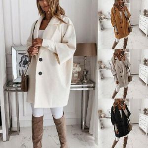 Womens Woolen Trench Overcoat Warm Coat Outwear Ladies Winter Lapel Long Jacket