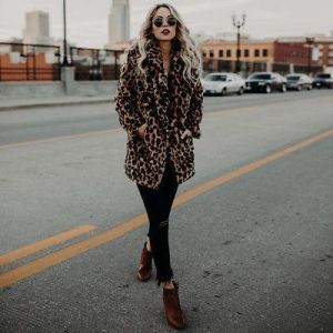 Women Faux Fur Leopard Print Winter Warm parka Jacket Trench Coat Overcoat Top
