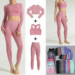 Seamless Yoga Gym Tracksuit Set Crop Top+Sports Bra+Legging Pant 3Pcs Women wear