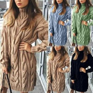 Women&#039;s Chunky Knit Sweater Turtleneck Long Sleeve Jumper Dress Pullover Tops