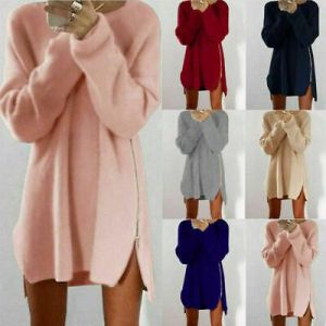  The world of beauty and elegance, you find it in one place  women winter dresses Women Long Sleeve Mini Knit Dress Jumper Tops Loose Casual Zipper Sweater Dress.