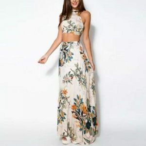 Women 2 Pcs Set Crop Tops Bodycon Long Maxi Skirt Party Floral Print Beach Dress