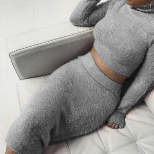 Sexy Fleece Women Sweater Sets Two Piece Long Sleeve Knitted Crop Tops Bodycon