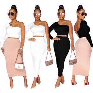 Sexy Women&#039;s Sloping Shoulder One Sleeve Solid Patchwork Bodycon Skirt Set 2pcs