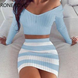 Women V-Neck Striped Long Sleeve Crop Top & Mni Skirt Sets  Casual Set