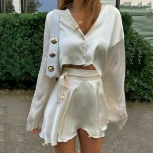  The world of beauty and elegance, you find it in one place  women sets & two pices Casual Satin Women Two Piece Skirt Set O-neck Button Long Sleeve top Skirt