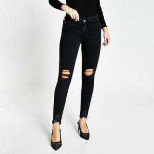River Island Womens Black Ripped Molly Mid Rise Jeggings