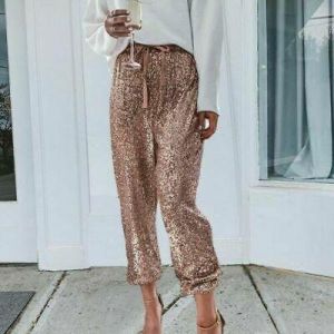 Women&#039;s Loose Sequin Bling High Waist Pants Fashion Glitter Drawstring Trousers