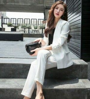 Womens 2Pcs Dress Suits White Lapel Collar Blazer Jacket Slim Fit Pants Formal