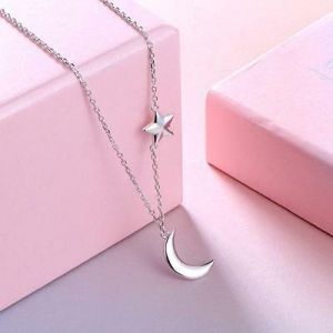 Women&#039;s Moon Star Pendant Choker Necklace Gold Silver Long Chain Jewelry Simple