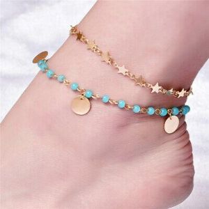 Gold Stainless Steel Bead Star Wafer Charms Anklet Foot Ankle Chain Bracelet New