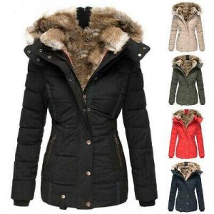 US Women&#039;s Quilted Winter Warm Coat Ladies Puffer Fur Collar Hooded Jacket Parka