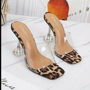 Women High Heel Clear Mules Stiletto Peep Toe Leopard Sandals Slippers Party