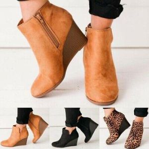 Women&#039;s Wedge Heel Platform Ankle Boots Side Zip Suede Booties Winter Warm Shoes