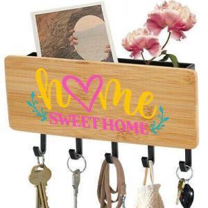 5 Hooks Wooden Key Holder Mail Rack Wall Mounted Organizer Home Sweet Home Deco