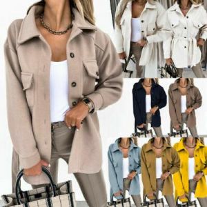 Women Fleece Shacket Casual Jacket Tie Belt Top Shirts Coat Tunic Oversize Baggy
