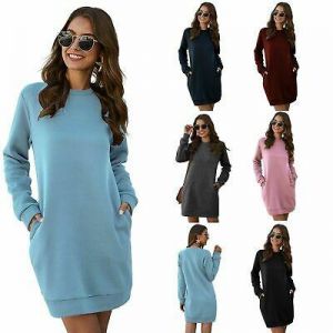 Womens Winter Warm Fleece Long Sleeve Jumper Dress Sweater Casual Tunic Tops UK