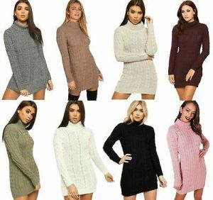 Women Cable Knitted Cowl Polo Neck Bodycon Jumper Pullover Tunic Mini Dress 8-22