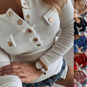 Women&#039;s Long Sleeve Button Ribbed Tops V Neck T-shirts Knitted Slim Solid Blouse