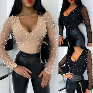 Womens Mesh Puff Long Sleeve T Shirt Ladies Casual Slim Fit V Neck Blouse Tops