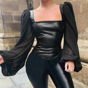 Women Slim Fit Faux Leather Balloon Club Tops Shirt Long Sleeve Solid Blouse NEW