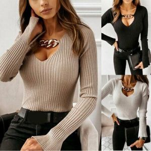 Women&#039;s V Neck Long Sleeve T-Shirt Tops Ladies Knitted Slim Fit Casual Blouse UK