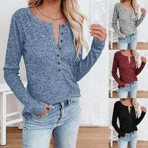 Women&#039;s V Neck Button Long Sleeve T-Shirt Tops Ladies Solid Casual Loose Blouse