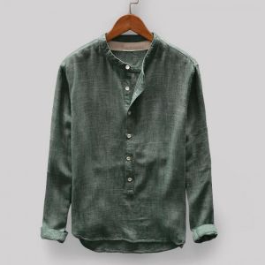 Men&#039;s Vintage Loose Comfy Solid Color Button Fly Stand Collar Long Sleeve Casual T-shirts