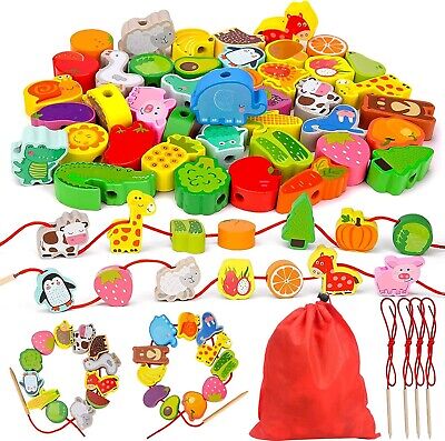 Threading Toys Animals Fruits Vegetables String Lacing Beads Wooden Montessori