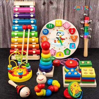 9 In 1 Wooden Montessori Toys Kids Rattle Bell Drum Toddlers Sensory Musical