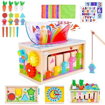 FCSONU Toddlers Montessori Activity Cube Sensory Toys Boys Girls Wooden Tissue
