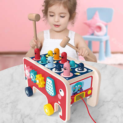 Montessori Toddlers Kids Wooden Pounding Bench Animal Bus Toys Early Educational-