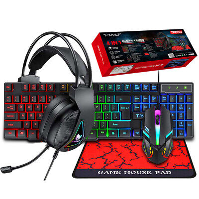 RGB PC Gaming Keyboard Mouse & Headset Set LED Gamer Bundle Mechanical Kits 4IN1