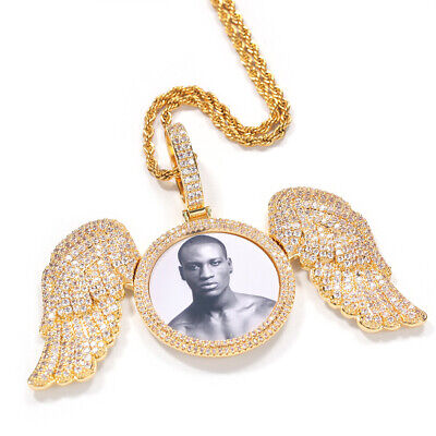 Hip Hop Angel Wings Custom Photo Pendant Necklace 5A Cubic Zirconia Jewelry