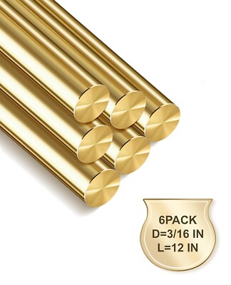 6 Pack 3/16 x 12 Inch Brass Rod Ideal for Knife Handle PIns Machining DIY Crafts